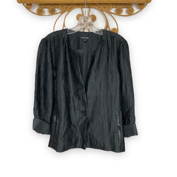 Eileen Fisher Black Collarless Crinkle Leather Trim Jacket M - Picture 1 of 5